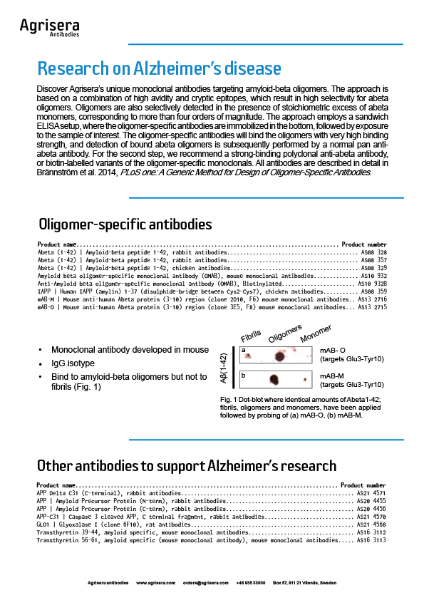 Agrisera Alzheimer's research antibodies