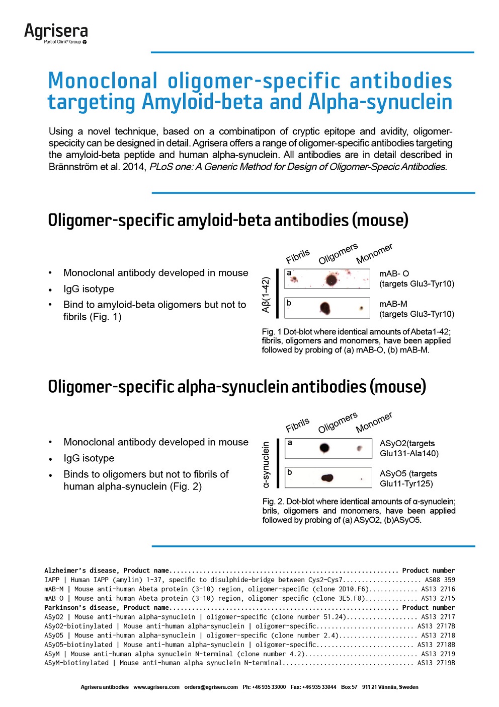 Agrisera amyloid-beta and alpha-synuclein antibodies